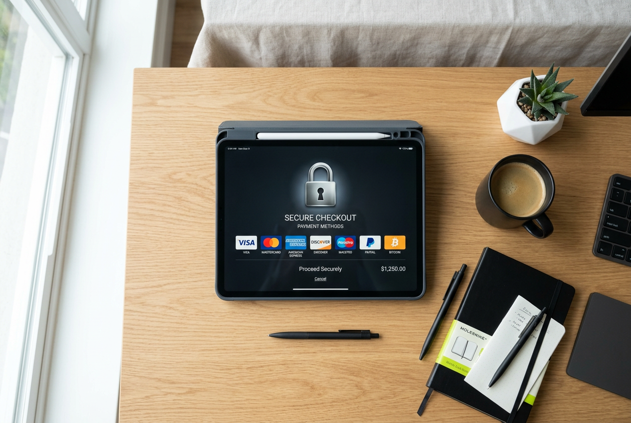 A digital tablet showing secure payment icons and a padlock symbol.