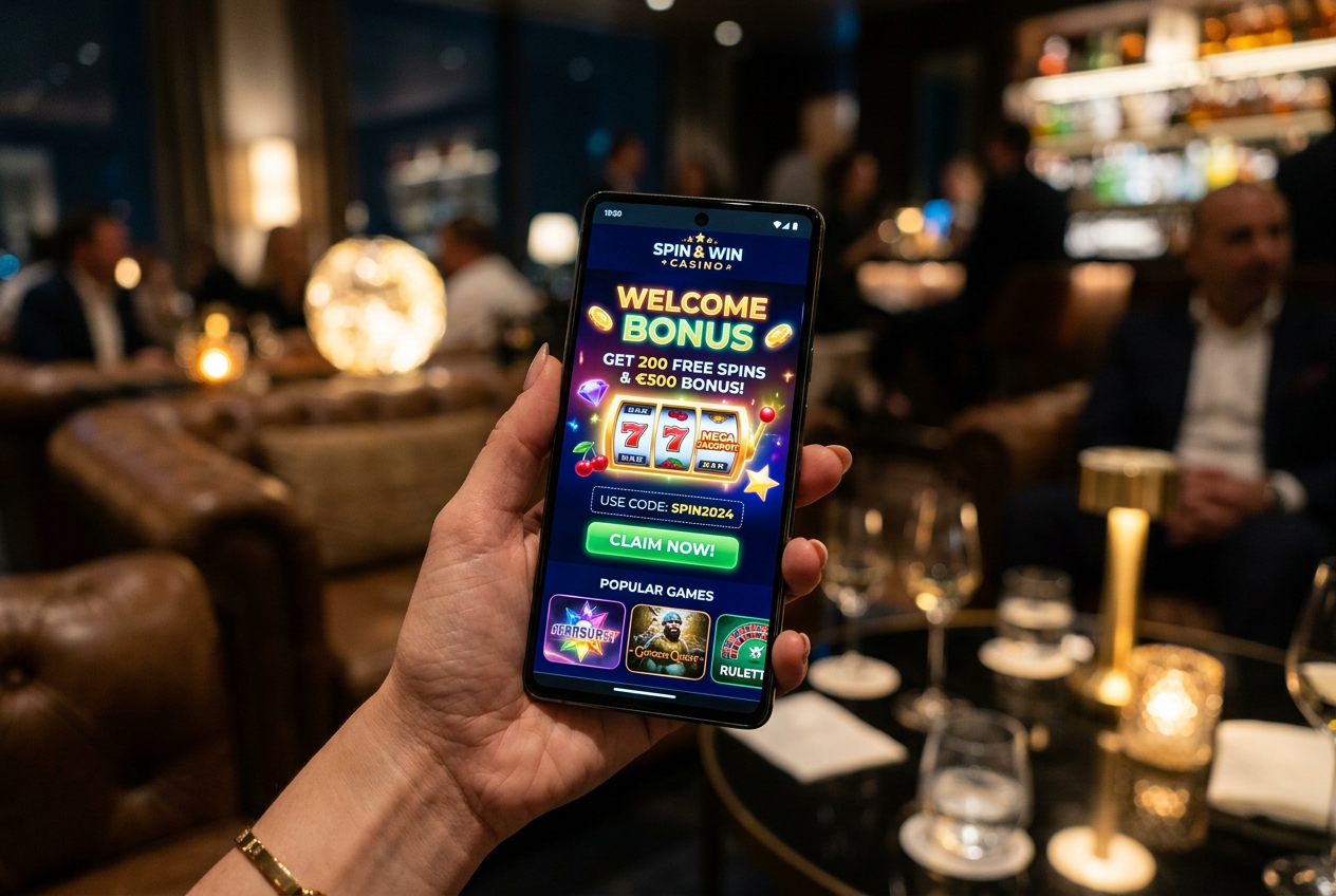 Close-up of a smartphone screen displaying online casino bonus offers.